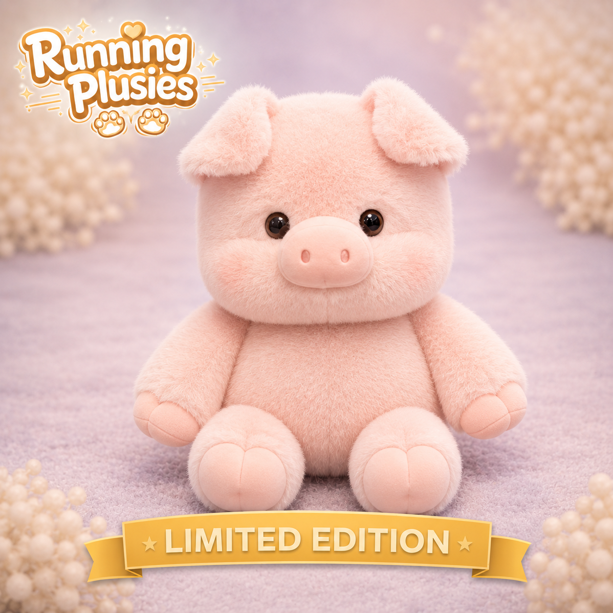 A pink plush pig toy centered on a soft lavender background with decorative pearl-like clusters around the edges and a gold banner reading LIMITED EDITION. The logo Running Plusies appears in the top left.