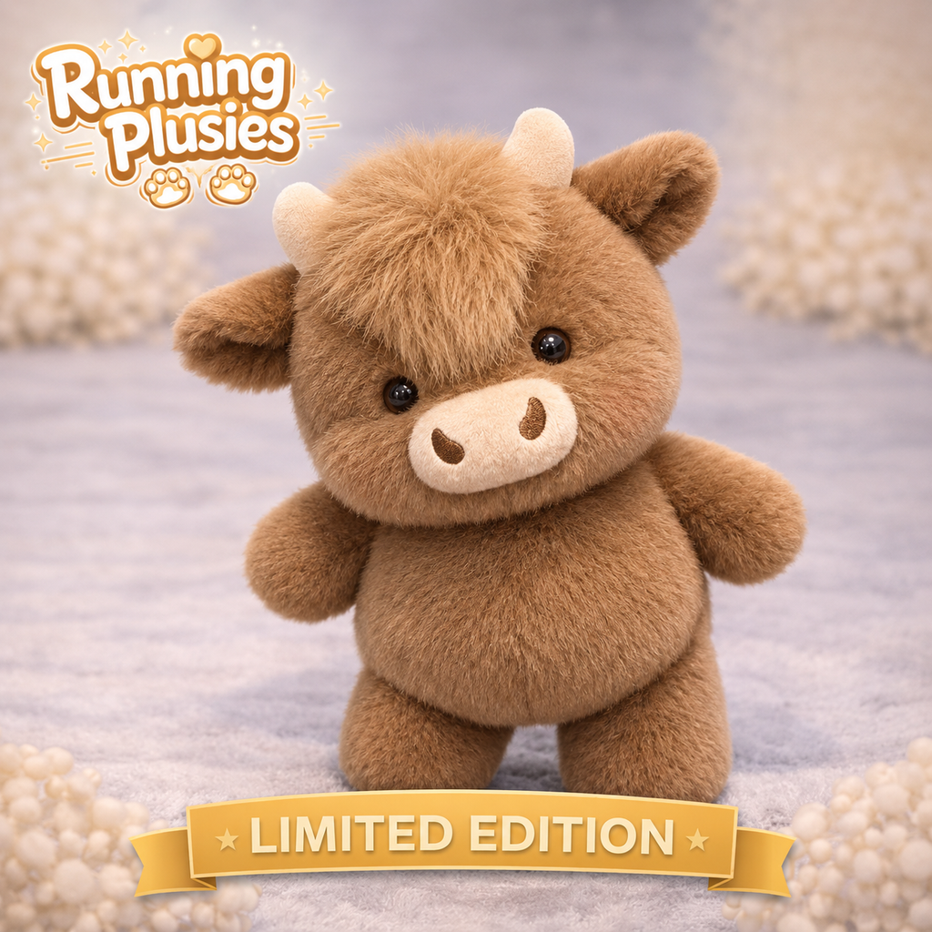 A plush toy cow centered on a soft lavender background with decorative pearl-like spheres around it. The cow is light brown with cream-colored horns and snout.