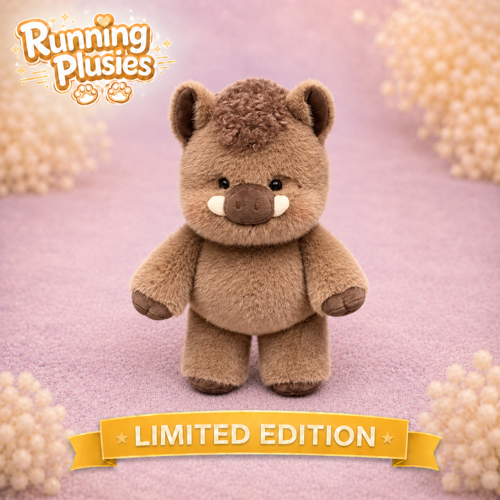 A brown plush toy character with a snout, small white tusks, and dark brown hooves stands centered on a soft lavender surface with decorative floral props. The Running Plusies logo appears in the top left, and a yellow banner at the bottom reads LIMITED EDITION.