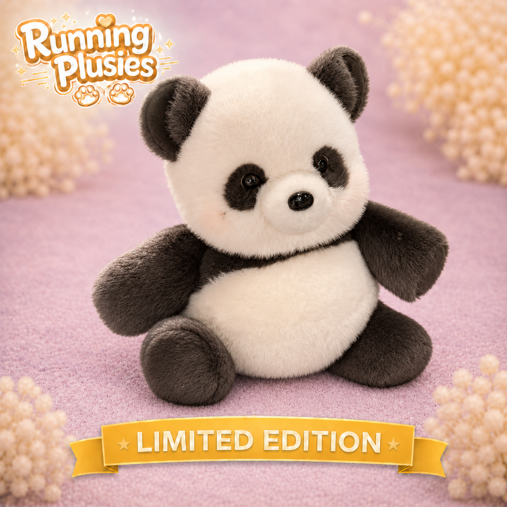 A plush panda toy from Running Plusies sits centered on a soft pink background with decorative pearl-like flowers and a yellow banner reading LIMITED EDITION. The Running Plusies logo appears in the top left.