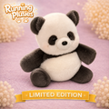 A plush panda toy from Running Plusies sits centered on a soft pink background with decorative pearl-like flowers and a yellow banner reading LIMITED EDITION. The Running Plusies logo appears in the top left.
