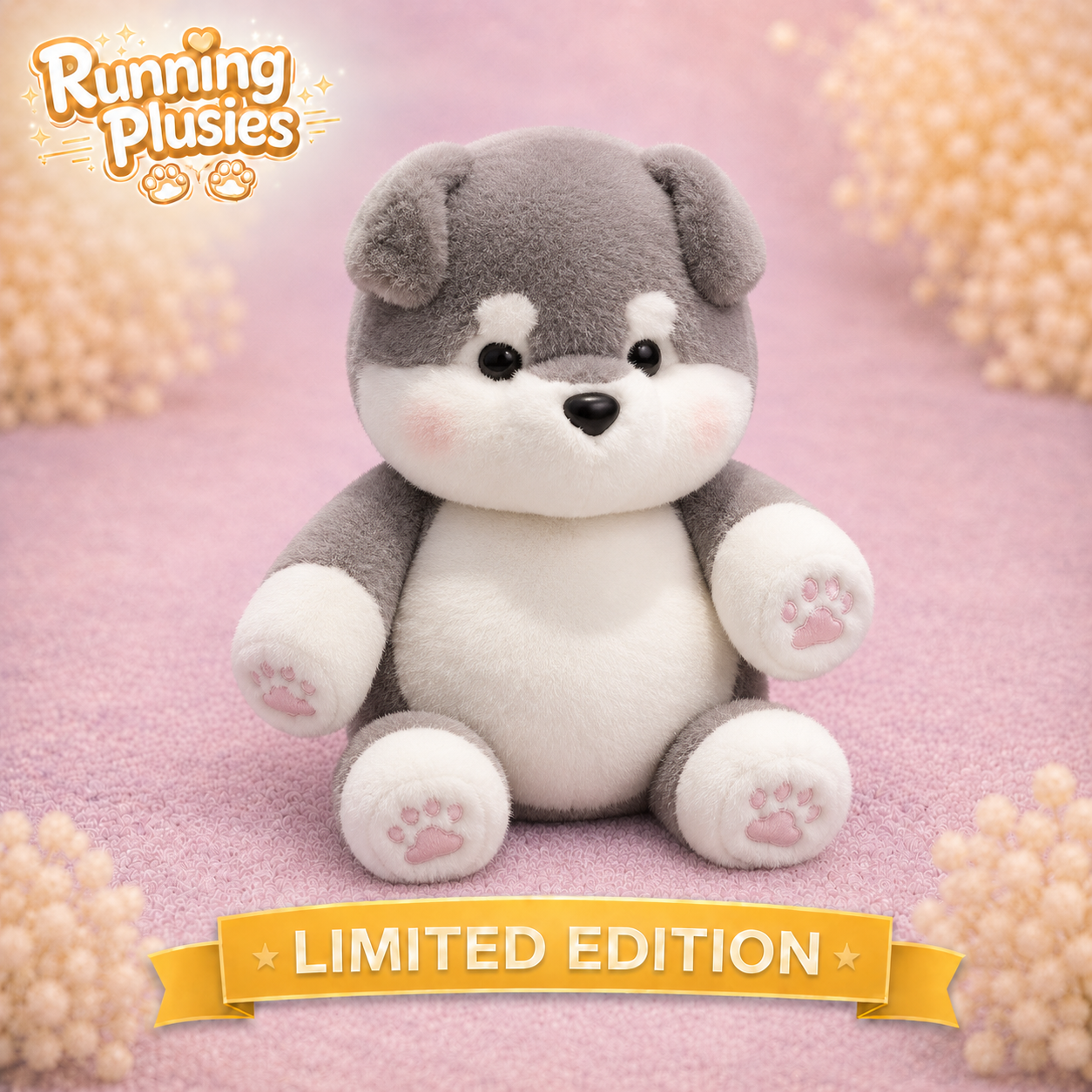 A plush dog toy with gray and white fur sits centered on a pink textured surface with decorative beige flower-like props in the corners. The logo 'Running Plushies' appears in the top left, and a yellow banner at the bottom reads 'LIMITED EDITION'.