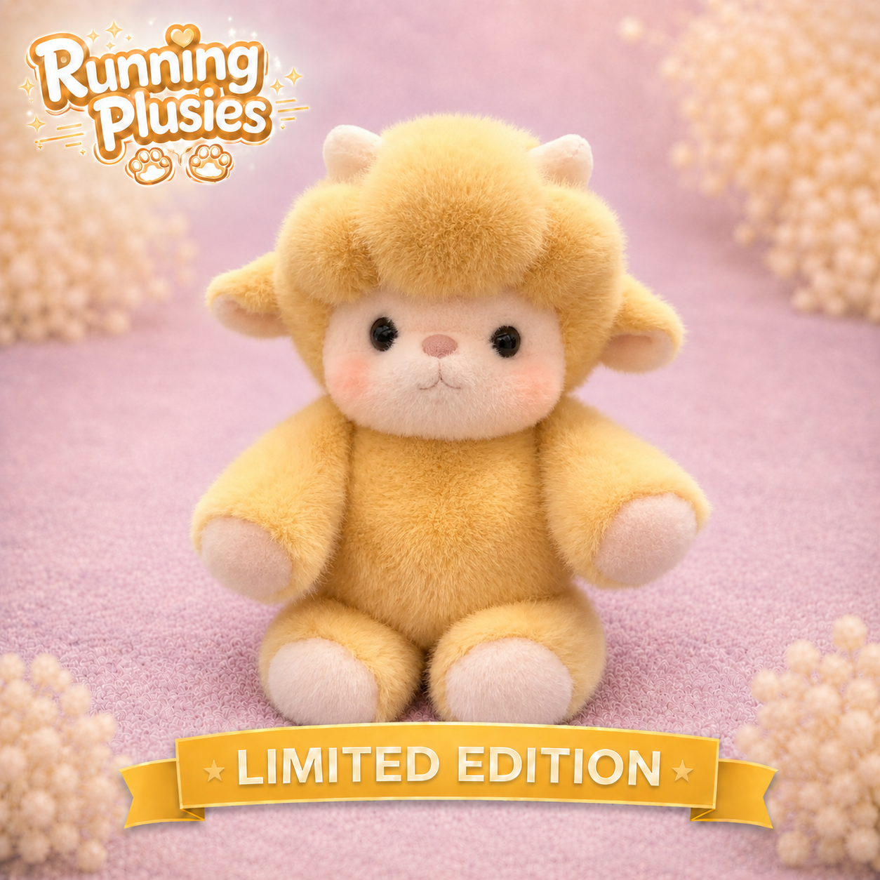 A cute yellow plush sheep toy with a cream-colored face and hooves, sitting on a soft pink surface with decorative floral props. The 'Running Plusies' brand logo is visible in the top-left corner, and a 'LIMITED EDITION' banner is at the bottom.